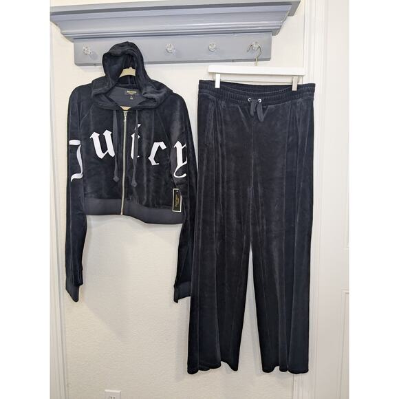 Juicy Couture Black Label Los Angeles Black Velour Track Suit Women Size Large - Picture 1 of 10